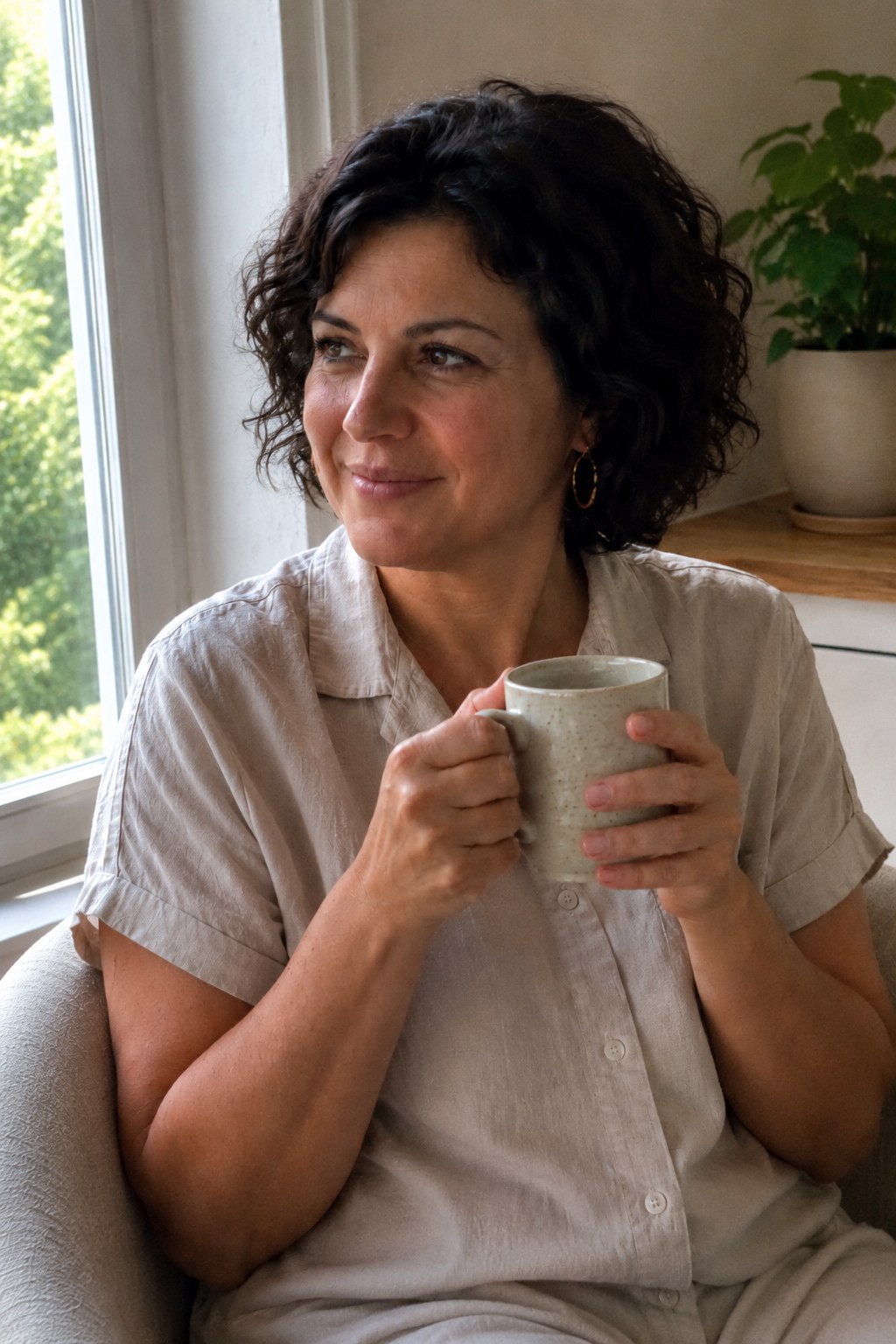 Larissa Fogazzi segurando uma caneca em um momento contemplativo
