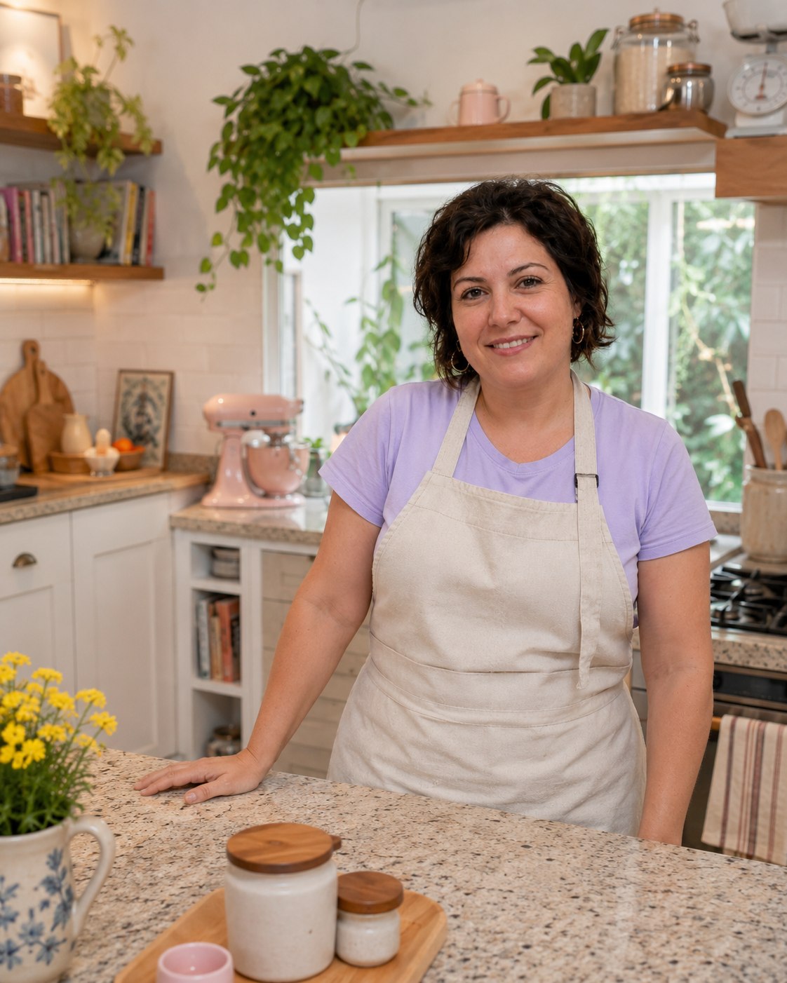 Larissa Fogazzi sorrindo em uma cozinha
