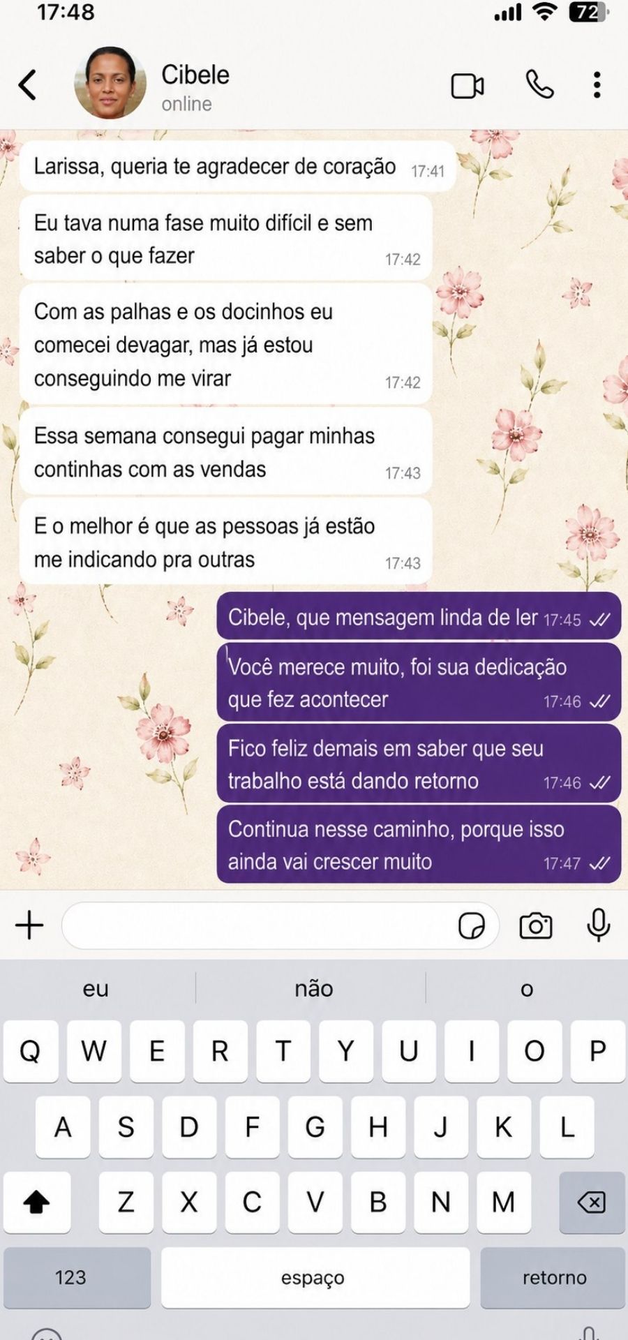 Print de conversa da aluna Cibele
