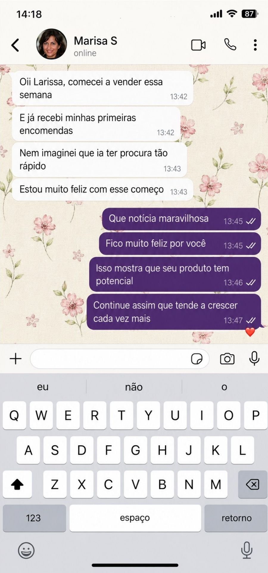 Print de conversa da aluna Marisa S.
